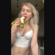 A pretty blonde girl eats various fruits, then later takes a shit into a plastic container. She picks through her shit looking for any remains of the fruit she ate. Presented in 720P vertical HD format. About 6 minutes.